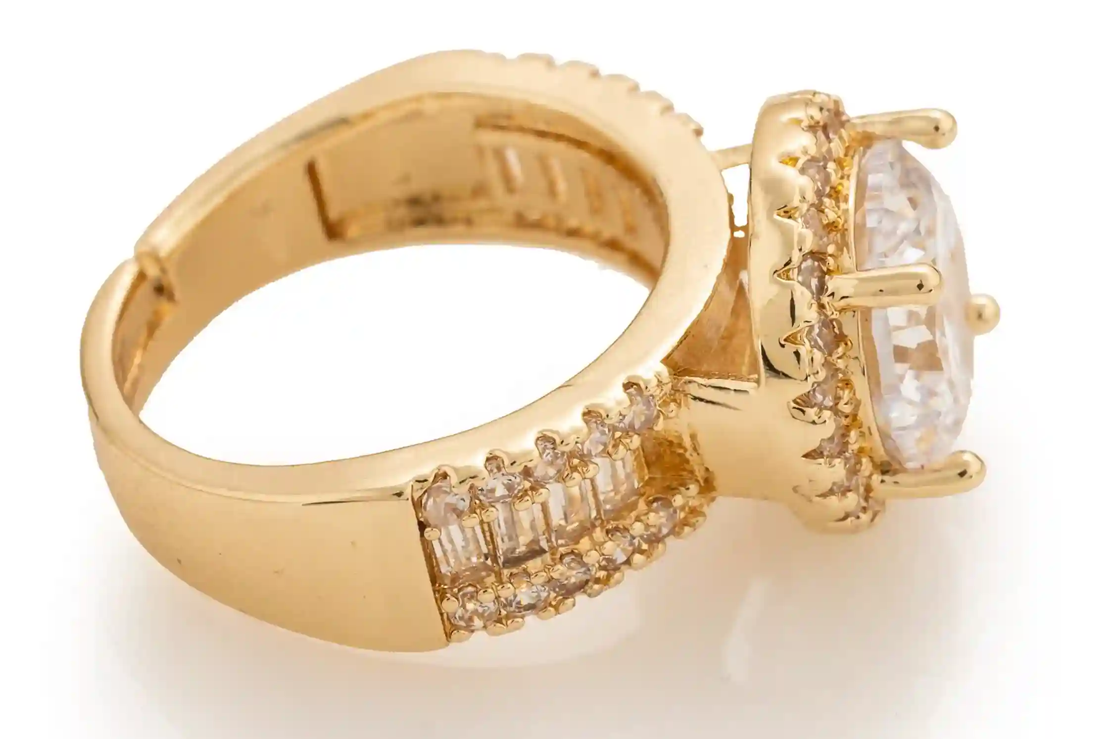 Gold Halo Solitaire Ring with Baguette Channel Band - Image 3
