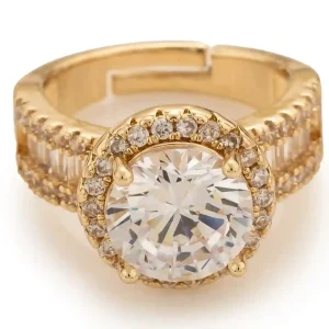 Gold Halo Solitaire Ring with Baguette Channel Band