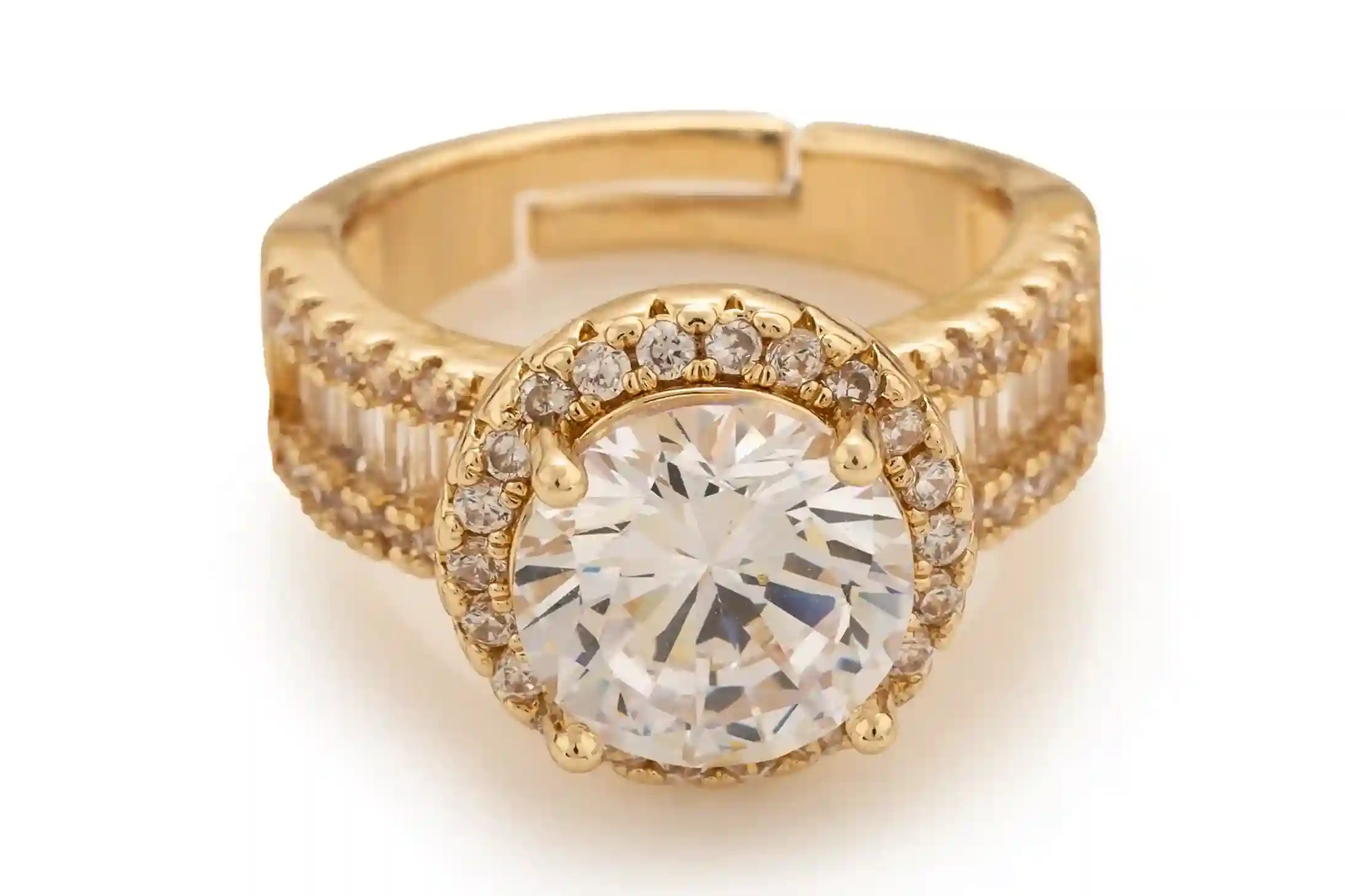 Gold Halo Solitaire Ring with Baguette Channel Band