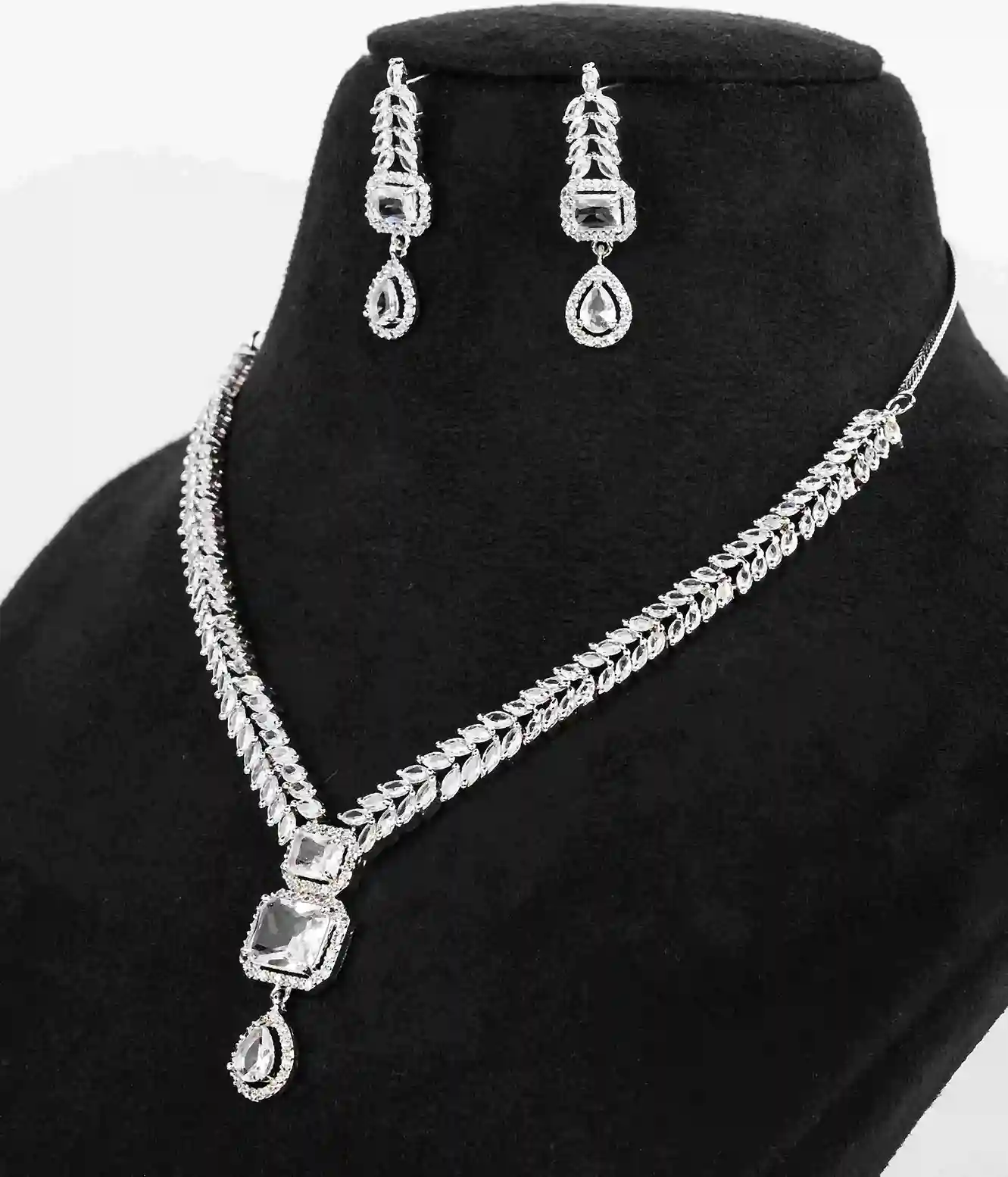 Marquise Leaf Chain Pendant Necklace Set with Emerald-Cut Halo Drops