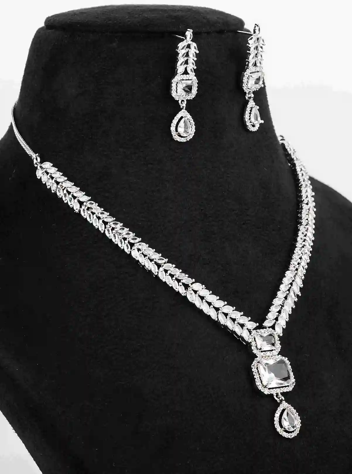 Marquise Leaf Chain Pendant Necklace Set with Emerald-Cut Halo Drops - Image 2