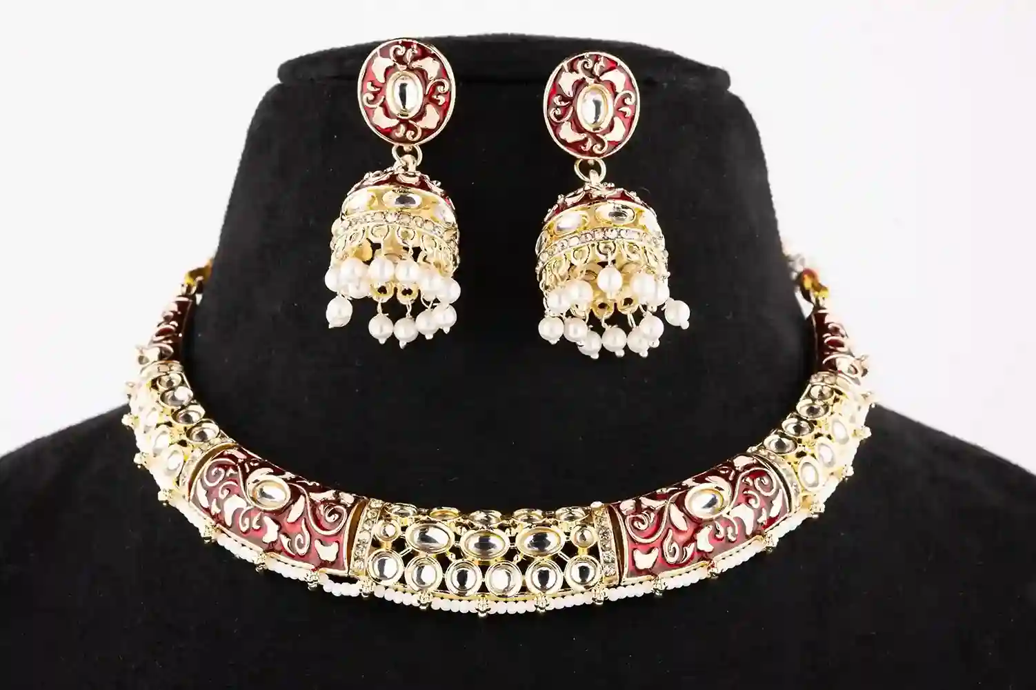 Red Meenakari Kundan Choker Set with Pearl Jhumkas