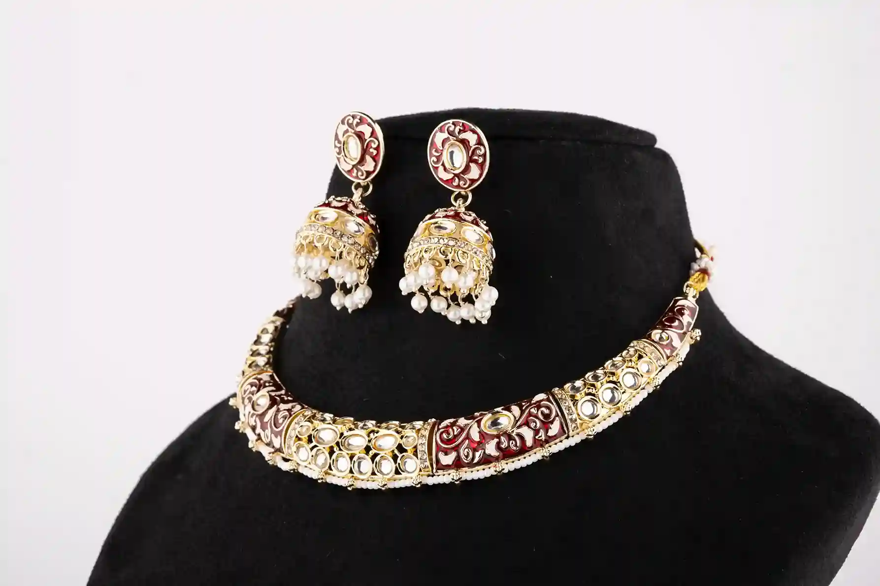 Red Meenakari Kundan Choker Set with Pearl Jhumkas - Image 2
