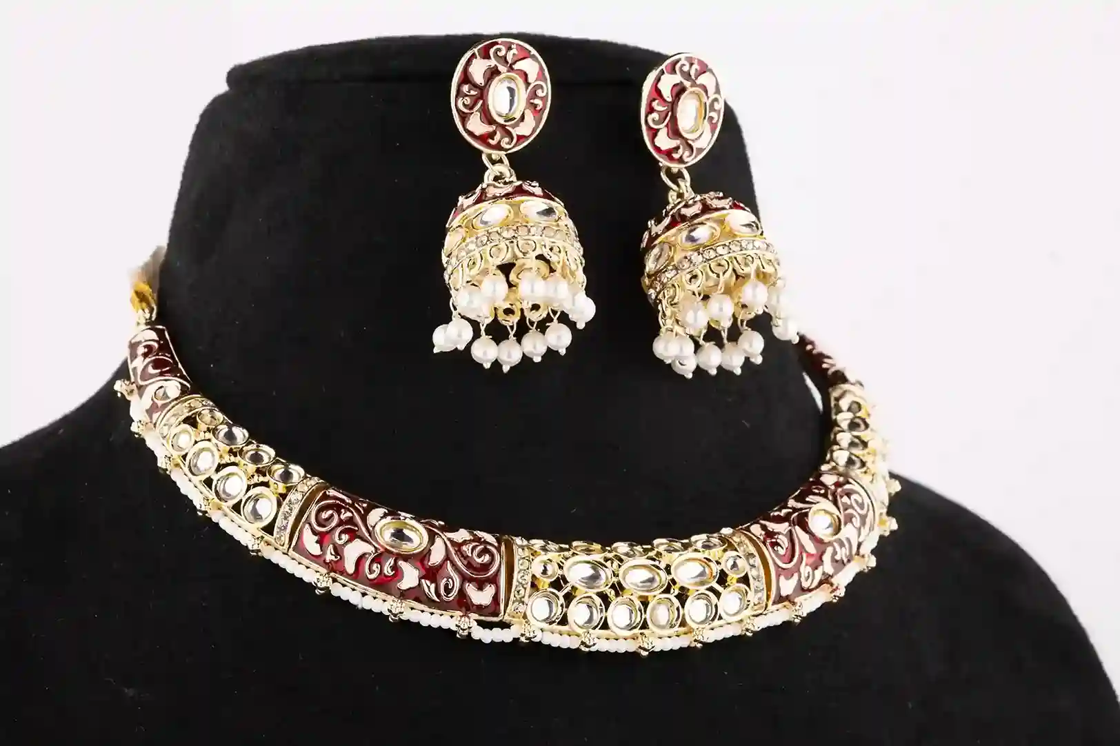 Red Meenakari Kundan Choker Set with Pearl Jhumkas - Image 3