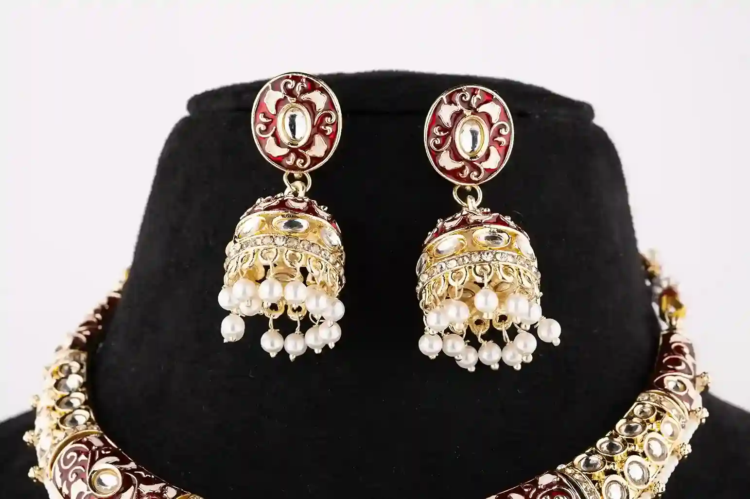 Red Meenakari Kundan Choker Set with Pearl Jhumkas - Image 4