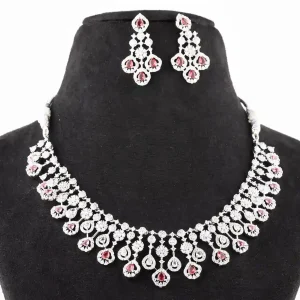 Ruby Pink Teardrop Fringe Bib Necklace Set
