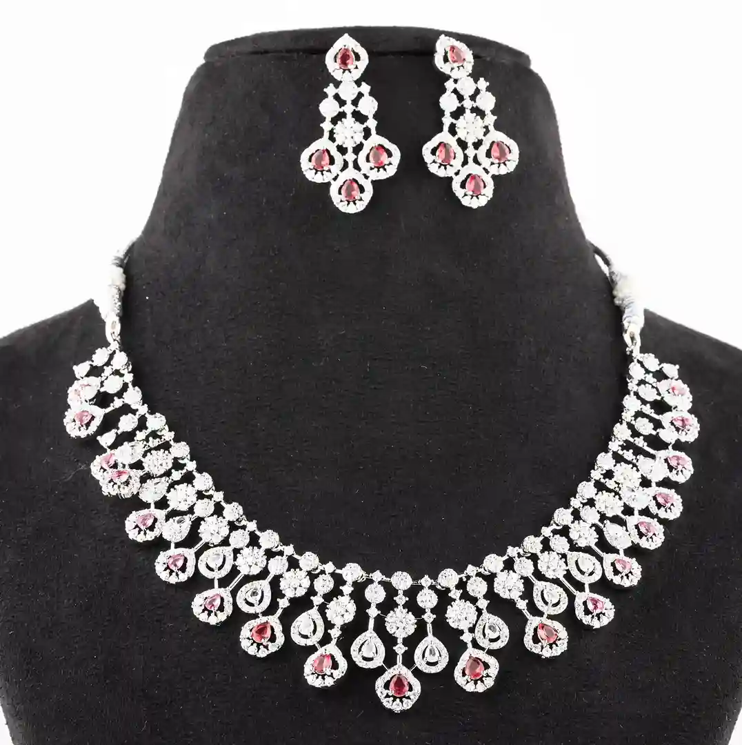 Ruby Pink Teardrop Fringe Bib Necklace Set