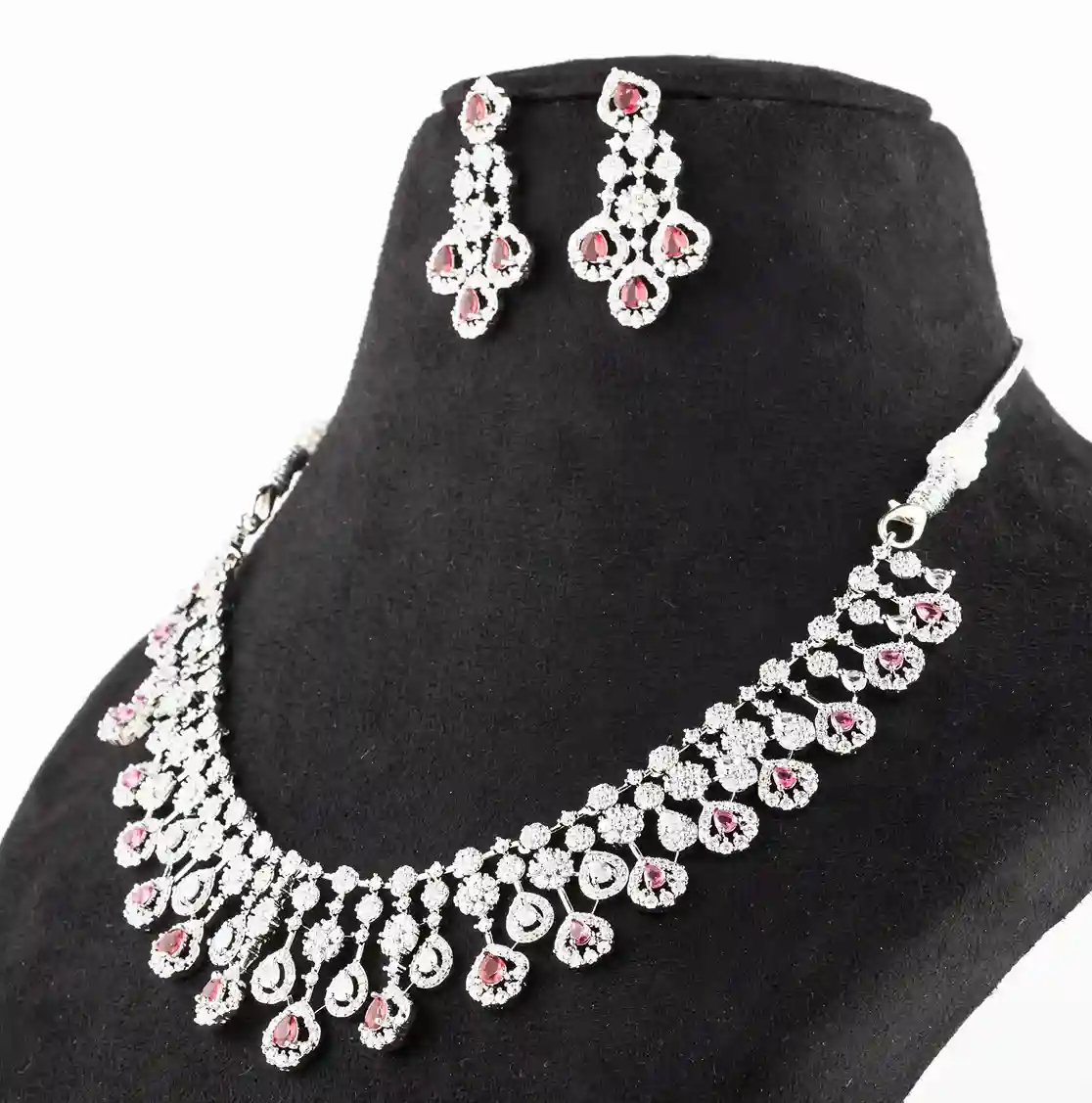 Ruby Pink Teardrop Fringe Bib Necklace Set - Image 3