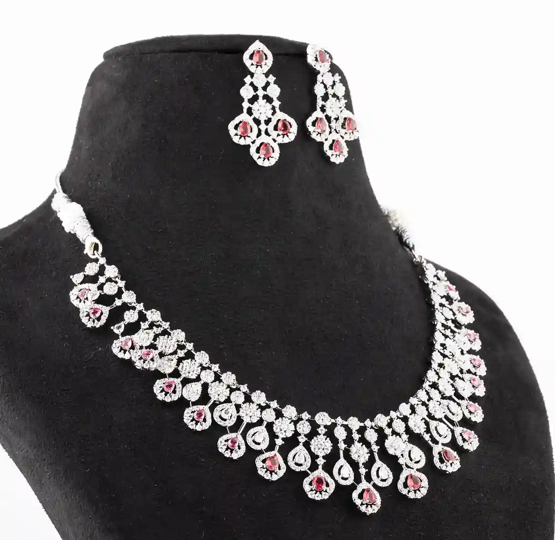 Ruby Pink Teardrop Fringe Bib Necklace Set - Image 2