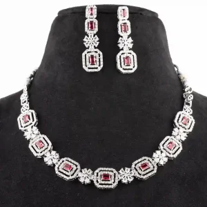 Ruby Red Octagon Halo Necklace Set