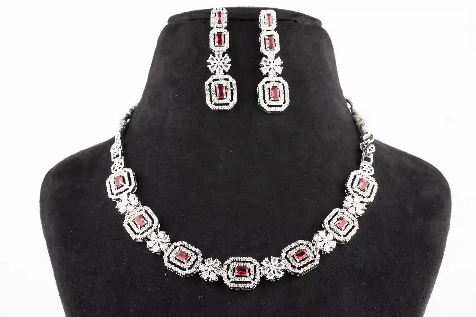 Ruby Red Octagon Halo Necklace Set