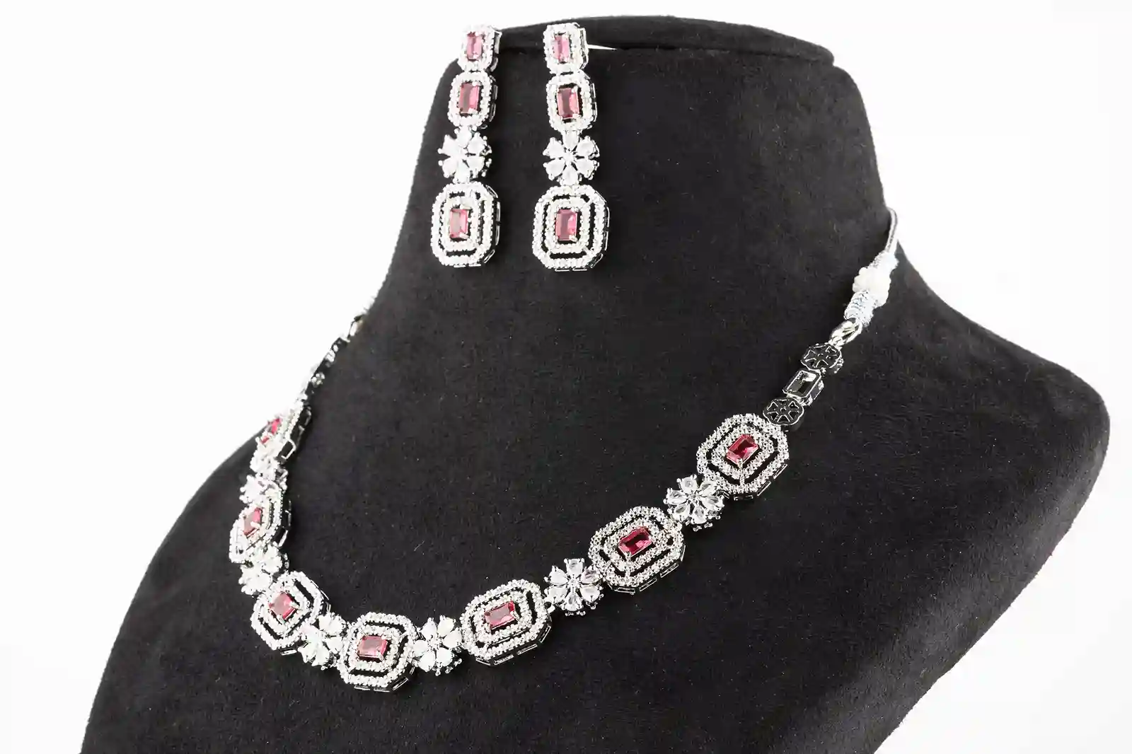 Ruby Red Octagon Halo Necklace Set - Image 4