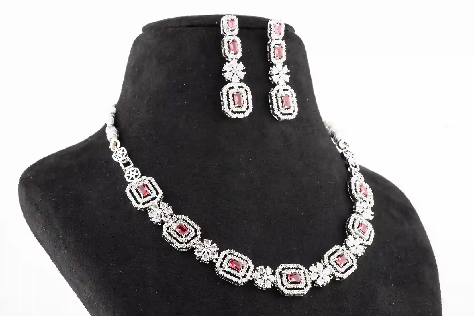 Ruby Red Octagon Halo Necklace Set - Image 3